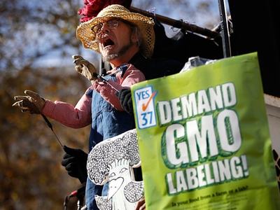 Man wearing straw hat gestures beside sign reading "YES 37 DEMAND GMO LABELING!"