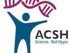 Blue stylized person raising arms under magenta DNA strand; text "ACSH Science. Not Hype."