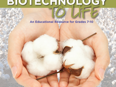 Hands holding cotton bolls; text: "Bringing Biotechnology to Life"