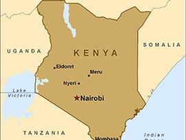 Map of Kenya showing Nairobi (star), Eldoret, Meru, Nyeri, Mombasa, Lake Victoria, ocean