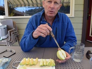 Person slicing a green apple into wedges on a cutting board at a patio table