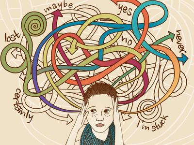 Person holding head under tangled arrows labeled 'lost', 'maybe', 'yes/no', 'I'm stuck'