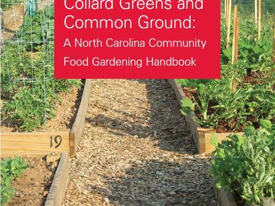 Raised-bed community garden with title text: "Collard Greens and Common Ground"