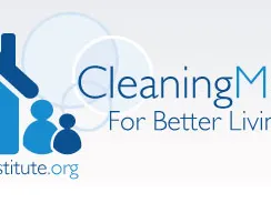 Blue house icon with two person silhouettes; text "CleaningMatters For Better Living" and "cleaninginstitute.org"