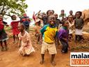 Children jumping and playing outside a thatched hut; logo reads "malaria NO MORE"