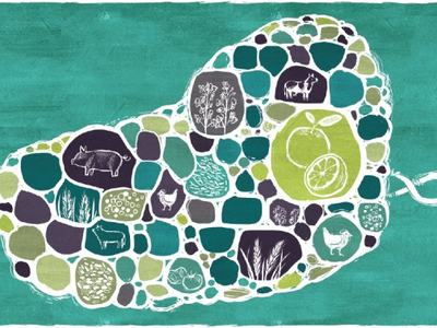 Kidney-shaped mosaic of farm and food icons linked by braided rope on teal background
