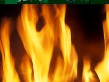 Vertical triptych: tornado over trees, large flames, satellite view of hurricane eye