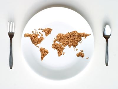 White plate with world map formed from grains, fork on left and spoon on right