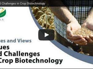 Hands holding grain; text "Issues and Challenges in Crop Biotechnology" and ISAAA logo