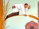 Scientist in lab coat balancing on a wheat stalk and inspecting a grain