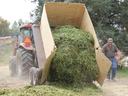 Tractor dumping chopped green forage from rear trailer; man walking beside