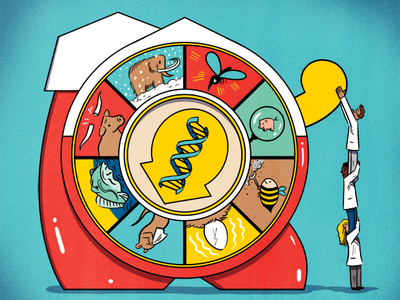 Red wheel with central DNA emblem and animal icons; three scientists stacked turning a yellow handle