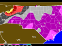 Sample color-coded map of North Carolina indicating temperature, with much of the state below freezing