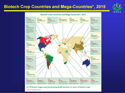 World map showing biotech crop countries and mega-countries, 2015