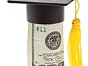 Graduation cap with yellow tassel placed atop a rolled US $100 bill.