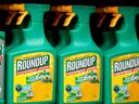 Three green spray bottles labeled Roundup Desherbant Jardin 1 L