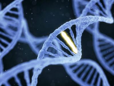 Blue DNA double helix with one glowing yellow base-pair segment