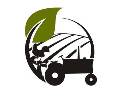 Silhouette of tractor and rooster with curved field rows and a green leaf