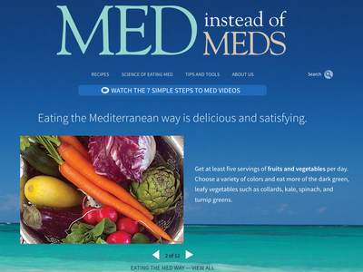 Header "MED instead of MEDS", bowl of vegetables, caption "Eating the Mediterranean way"