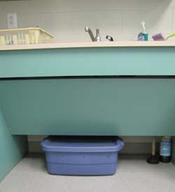 Green sink cabinet with a blue plastic storage bin positioned beneath the sink