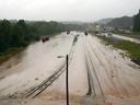 Flooded roads and railroad tracks