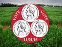 Red circular "VOTE" badge with three nickel profiles and date 11/01/16 over a grassy field