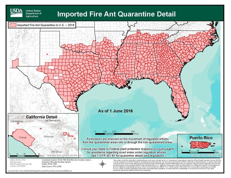 Red imported fire ant map - U.S. - 2016