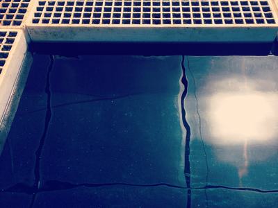 Concrete grating edge above dark pool water with sun reflection and ripples