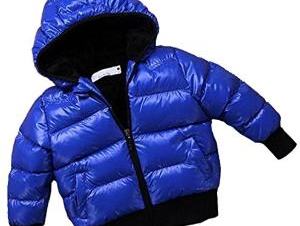 Blue hooded puffer jacket with black cuffs and hem, front zipper partially open