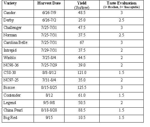 Table 2: Harvest date, tree yield and taste evaluations of the 2003 peach harvest at the Mountain Horticultural Crops Research Station.