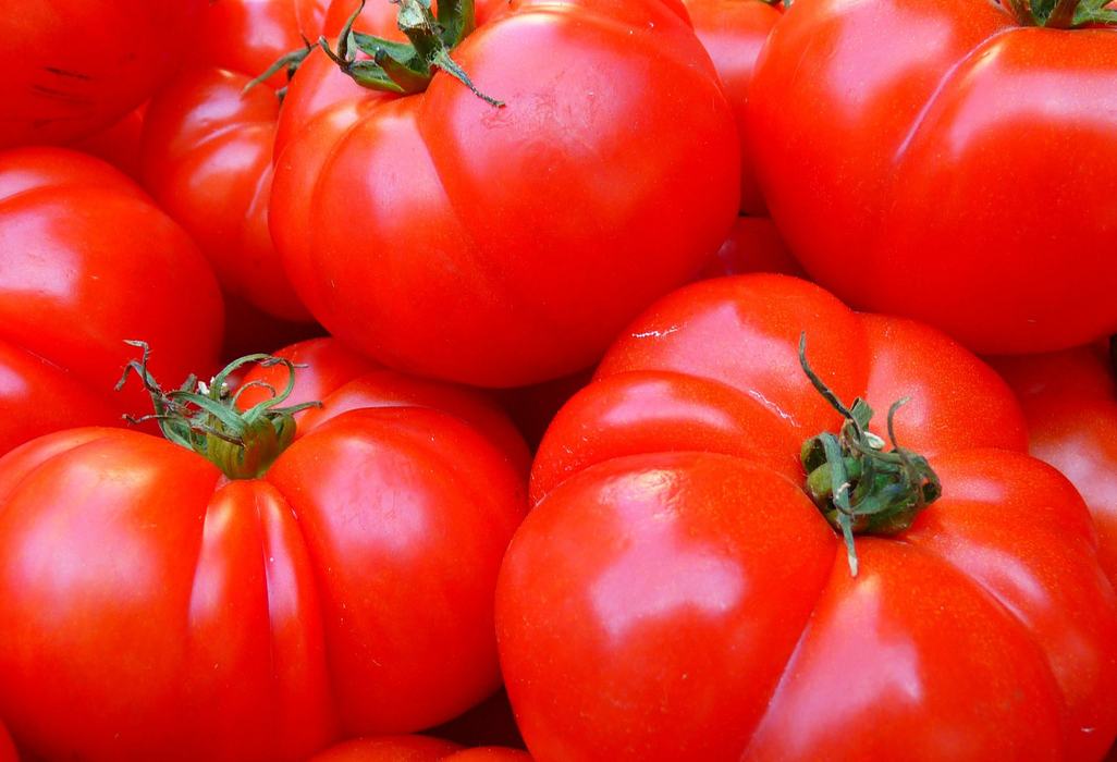 Red tomatoes with green stems clustered together