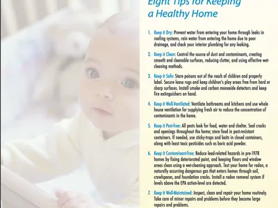 HUD Healthy Homes flyer titled "HEALTHY HOMES" with a baby in a crib and eight tips