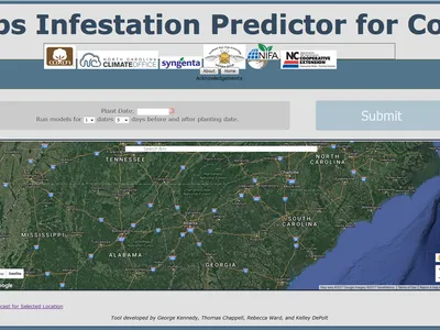 Webpage titled "Thrips Infestation Predictor for Cotton" with planting date form and regional map