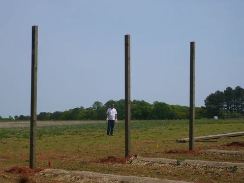 Man standing in field among three upright wooden posts and prepared planting rows