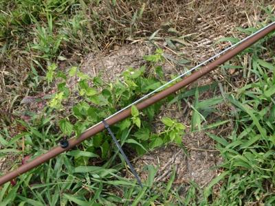 Brown metal pole with a black cable clipped to it resting on grass and dirt