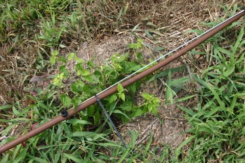 Brown metal pole with a black cable clipped to it resting on grass and dirt