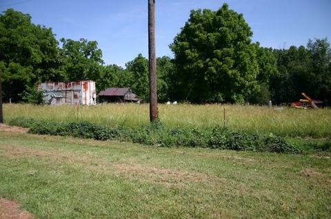 Rusty shipping container and small barn behind tall grass with utility pole in foreground