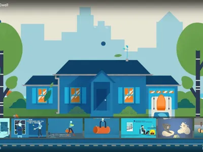 Blue house with trees and city skyline, ocean water visible; text "When the Waves Swell"