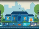 Blue house with trees and city skyline, ocean water visible; text "When the Waves Swell"