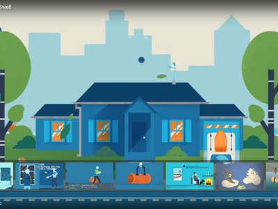 Blue house with trees and city skyline, ocean water visible; text "When the Waves Swell"