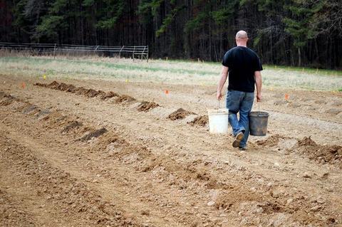 Man walking away carrying two buckets across a freshly tilled field
