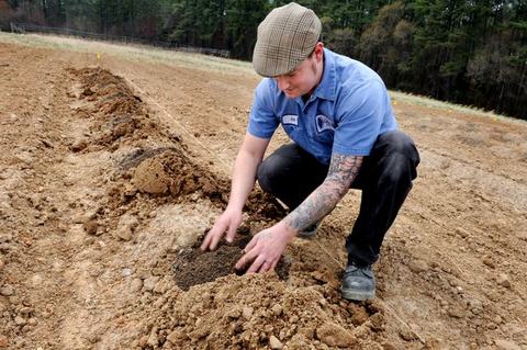 Man kneeling in field placing soil into a planting hole along a prepared row