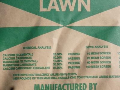 LAWN bag, chemical analysis: Ca 20.00%; CaCO3 50.00%; Mg 10.00%; CaCO3 equiv 97.00%