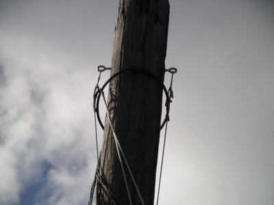 Wooden utility pole top with metal rings and several attached wires against cloudy sky