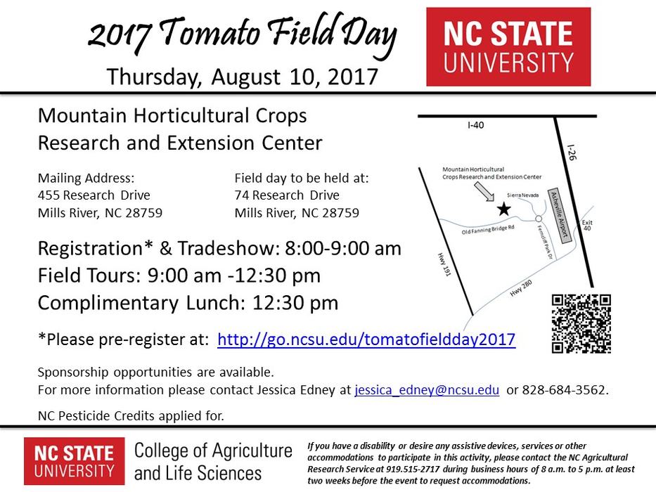 The 2017 MHCREC Tomato Field Day takes place on Thursday, August 10, 2017 from 8-12:30pm