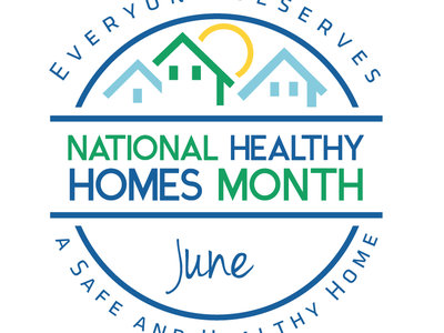 Logo: "National Healthy Homes Month" with house icons, sun graphic and "June".