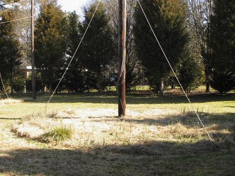 Wooden utility pole with three guy wires anchored in mown grassy field and trees behind
