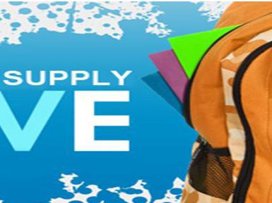 NC Cooperative Extension logo and text "School Supply Drive" with orange backpack holding school supplies