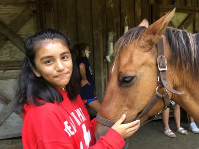 Girl in red sweatshirt gently holding a brown horse's halter inside a wooden barn