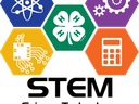 Hexagon icons (atom, gears, circuit, calculator) around 4‑H clover; text "STEM Science·Technology Engineering·Math"